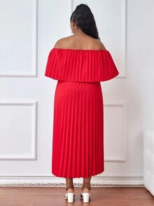 Astrid Plus Size Elegancka, plisowana sukienka w jednolitym kolorze z odkrytymi ramionami na lato - Czerwony - Zobacz 2