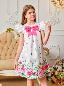 SHEIN Kleid mit kurzen Ärmeln aus bedrucktem Webstoff für Frühling und Sommer, süß und lieblich, für Mädchen im Tween-Alter - Weiss - Übersicht 2