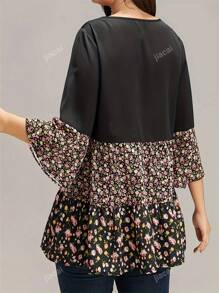 Plus Size Casual Floral Patchwork Bell Sleeve Vacation Top