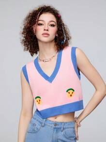 SHEINNeu Women's Summer Contrast Trim Graphic Pattern Sweater Vest - Pink - View 6