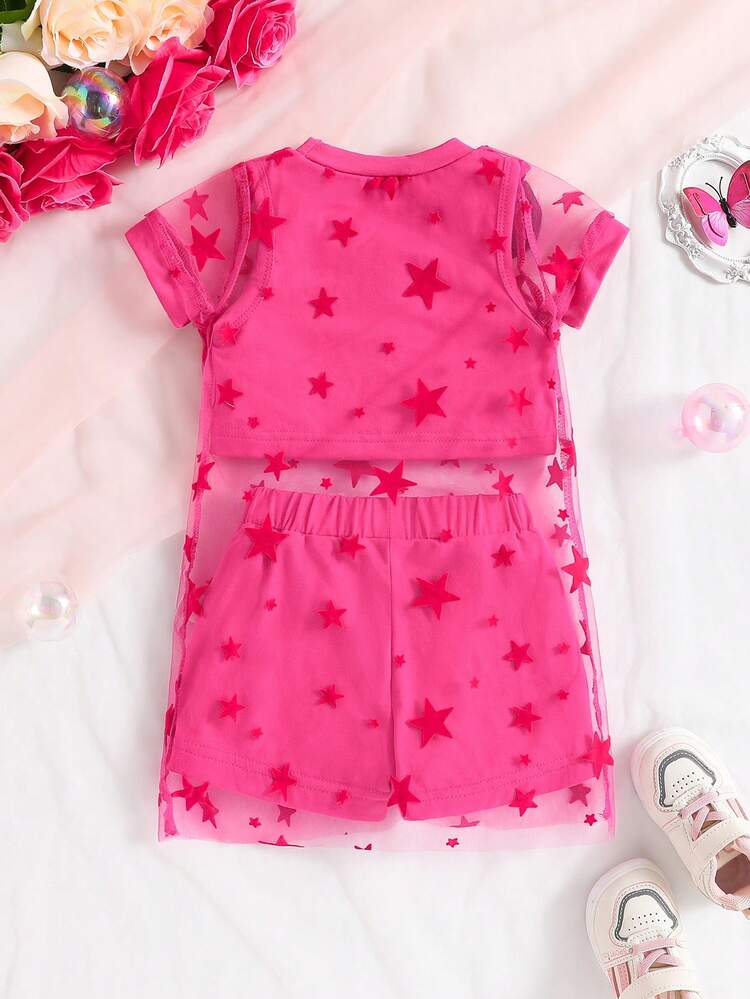 Baby Girl Stylish Pink Streetwear Star Mesh Splice Letter Print Outfit