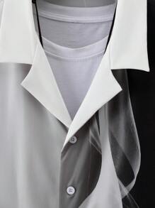 Manfinity LEGND 男士休闲撞色短袖纽扣衬衫和短裤套装，带口袋，外出 - 黑與白 - 查看 7