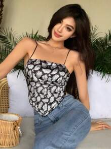 DAZY Top camisero asimétrico de verano con estampado completo para vacaciones, blusas bohemias