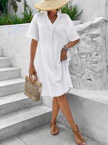 Breezaya V-Neck A-Line Short Sleeve Dress - White - View 4