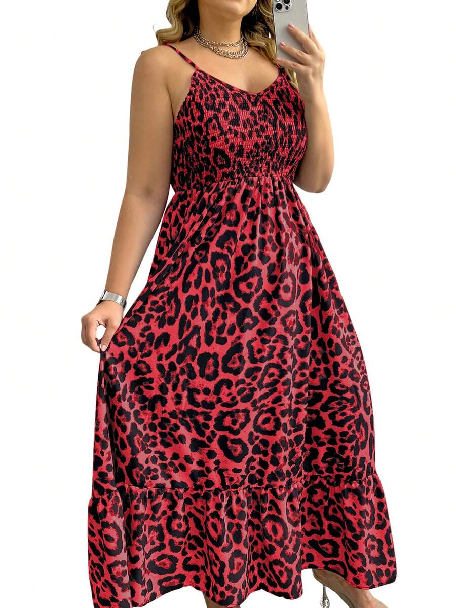 Celure Vestido de mujer de talla grande con estampado de leopardo y tirantes - Rojo - Ver 1