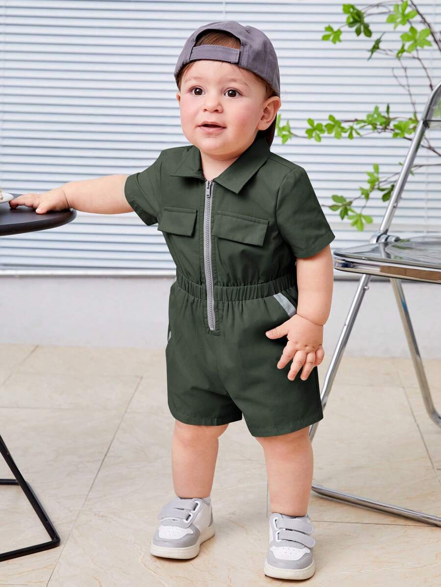 SHEIN Baby Boy Leisure Comfort Color Block Jumpsuit With Pockets - Army Green - View 1