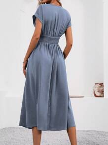 SHEIN LUNE 女士夏季纯色 V 领蝙蝠袖腰褶长款优雅连衣裙长款女装 - 霧霾藍 - 查看 2