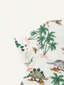Cozy Pixies Conjunto De Camisa De Manga Corta Con Cuello Y Patrón De Dibujos Animados De Dinosaurio Y Palmera Y Pantalones Cortos Con Bolsillos Laterales Y De Carga Para Niños Pequeños.