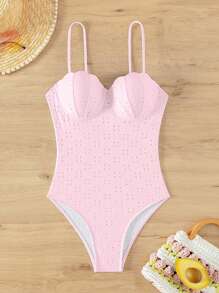 SHEIN Swim Women Fashionable Summer Beach Vacation Style Simple Seashell Design One-Piece Swimsuit - Pink - View 5