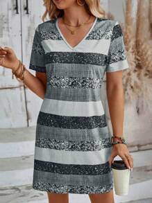 EMERY ROSE V-Neck Striped Colorblock Short Sleeve Summer Dress - Grey - View 5