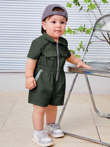 SHEIN Baby Boy Leisure Comfort Color Block Jumpsuit With Pockets - Army Green - View 4