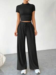 SHEIN EZwear Women Solid Color Short-Sleeve Stand Collar Top With Drawstring Long Pants Two-Piece Set