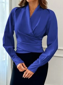 SHEIN Privé Ladies' Spring And Autumn Loose V-Neck Wrapped Elegant Shirt With Long Sleeves - Blue - View 5