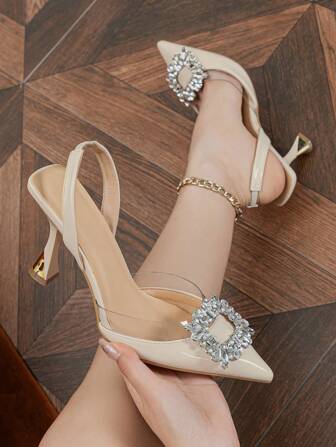 Fall/Winter 2025 Women Pointed Toe High Heels With Rhinestone Decoration And Open Back Strap, Elegant For Parties, Banquets, Outdoor Weddings In Spring And Summer, PU Beige Color Valentines, Elegant, Women Pumps,Elegant,Party Outfits