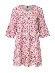 EMERY ROSE Women Fashionable Printed Ruffle Sleeve V-Neck Dress