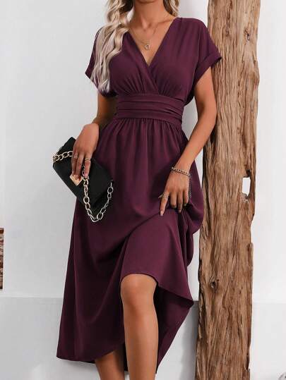 SHEIN LUNE Women Summer Solid Color Overlapping V-Neck Batwing Sleeve Waist Pleated Long Elegant Dress Maxi Women Outfit