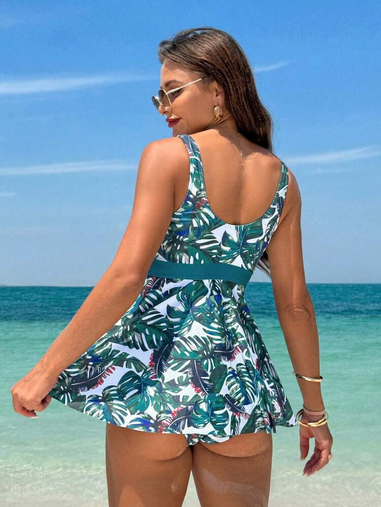 Women Vacation Beach Summer Tropical Printed Tank Top And Swim Bottom Tankini Set (Random Print),Summer Beach