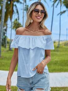 Soleia 假期休閒純色露肩荷葉邊上衣 - 藍色 - 查看 5