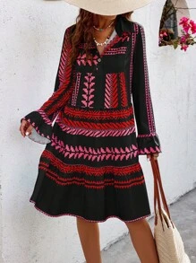 Breezaya Vestido para vacaciones de mujer con mangas acampanadas y estampado geométrico al azar - Negro - Ver 5