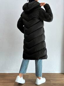 SHEIN Tall Tall  Solid Color Drawstring Hooded Zipper Decor Casual Padded Jacket - Black - View 2