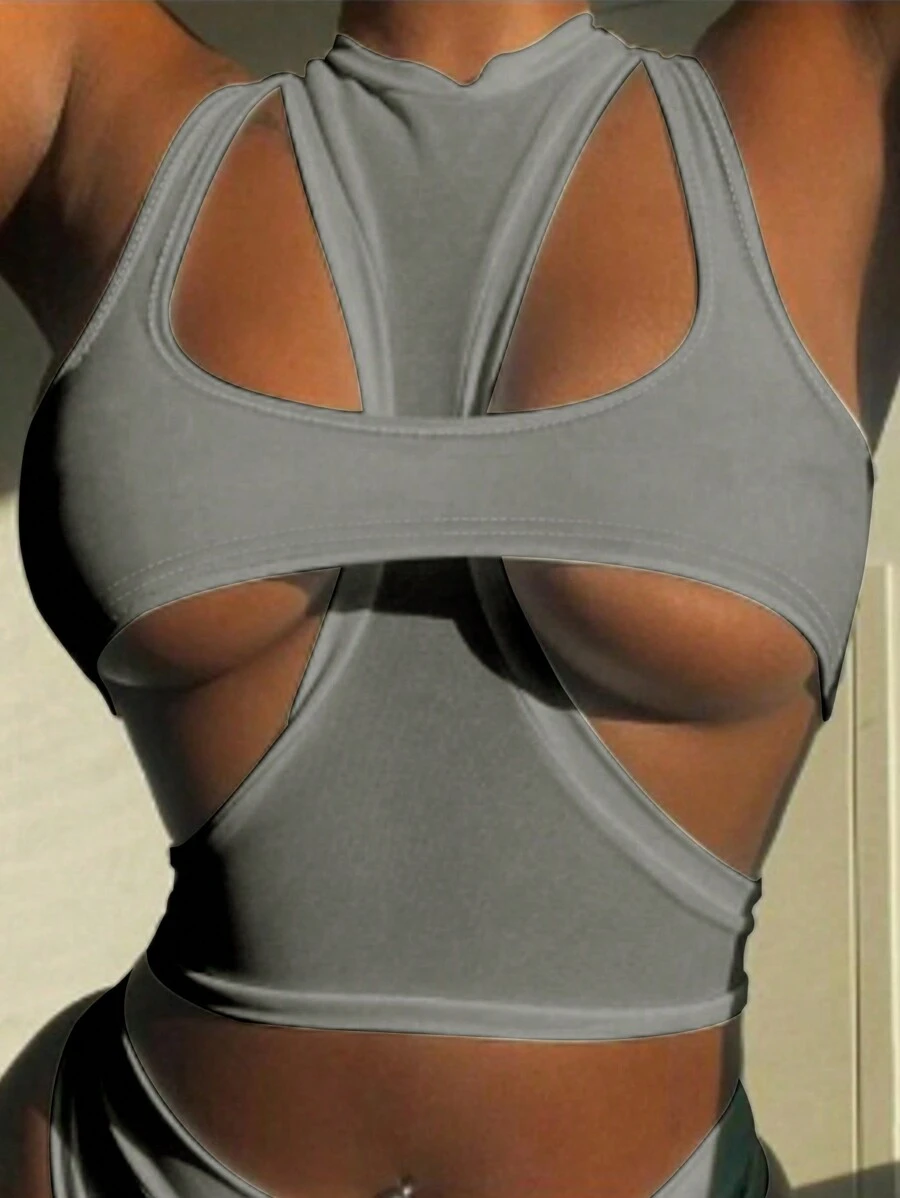 INAWLY Women Fashionable Asymmetrical Cut Solid Color Sexy Tank Top For Summer - Light Grey - View 1