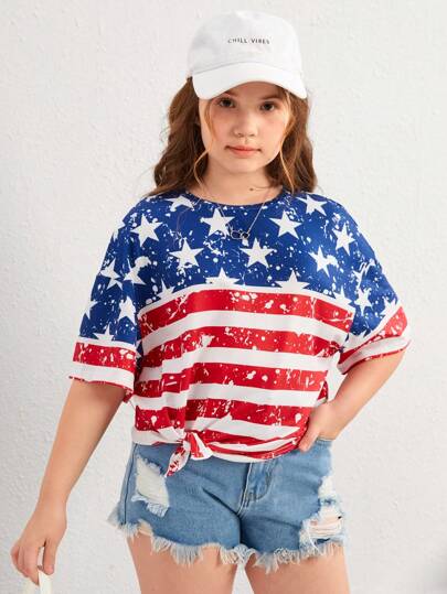 SHEIN Tween Girl Extended Size Sporty Casual Loose Fit Short Sleeve Knit Top With Round Neck For Spring And Summer