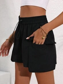 SHEIN Allurite Women Drawstring Workwear Pocketed Wide-Leg Loose Shorts