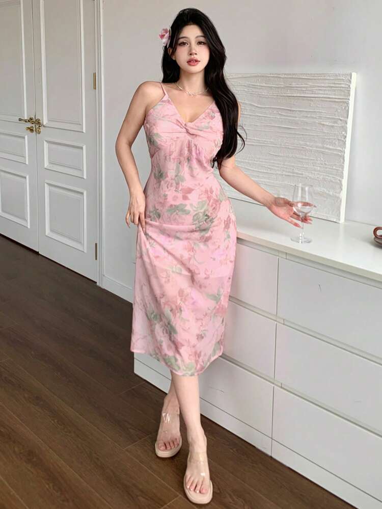 Women Floral Print Twist Front Slip Dress Sundress,Casual Women Dresses Easter Maxi Dress