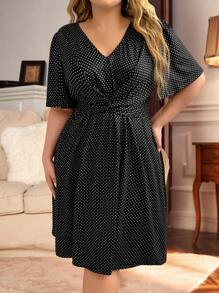 EMERY ROSE Plus Size Women's Solid Criss Cross Front Polka Dot Black Teaparty Prom Dress, Mother Day Dress - Black and White - View 3