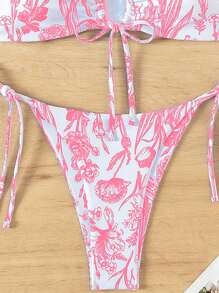 SHEIN Swim Summer Beach Women Vacation Floral Printed Hollow Out Knot Simple Fashion Bikini Set With Random Print