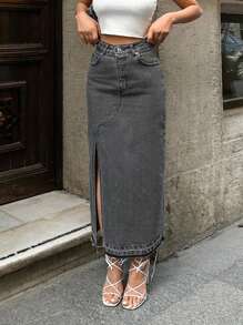 RueChic Women Fashion Solid Color Side Split Brushed Denim Skirt