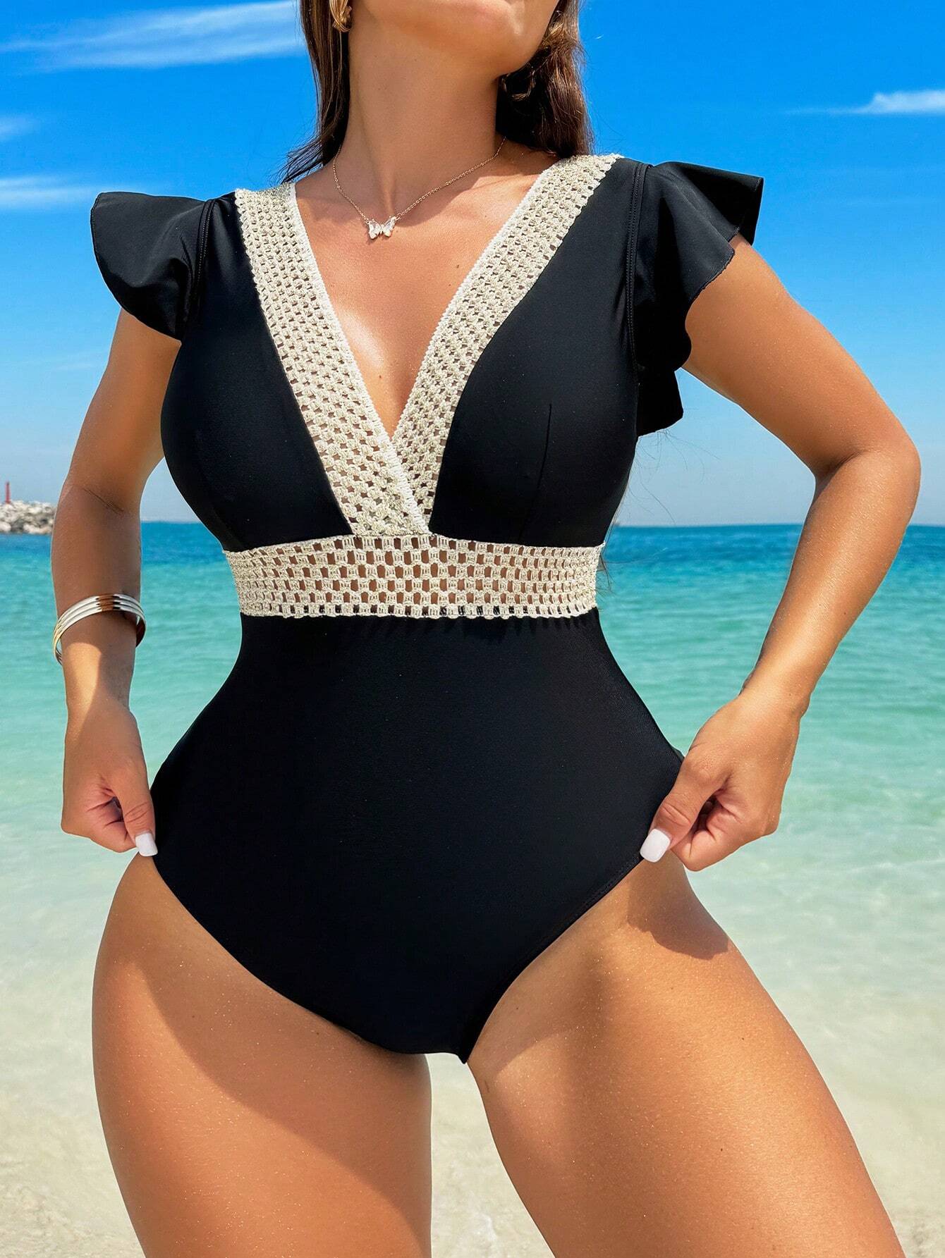 Swim Lushoire Maiô Feminino de Uma Peça com Manga Dobrada e Contraste de Bloco de Cor para Férias na Praia - Preto - Visão 2