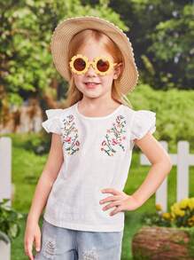 SHEIN Young Girl Floral Embroidery Ruffle Trim Blouse - White - View 7
