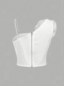 SHEIN Girlism 學齡前女孩運動風甜美時尚春夏款雪紗單肩背心衫