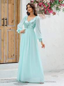 YISIKADO Women Ball Gown Dress V-Neck Printed Sparkly Snow Gauze Long Sleeve Tie Waist Sweet Style Dress - Mint Blue - View 4