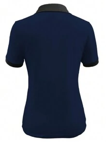 INAWLY Women Solid Color Simple Daily Button-Up T-Shirt - Blue - View 2