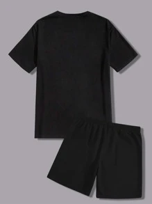 Manfinity RSRT Men Summer Palm Tree Letter Print Round Neck Short Sleeve Casual T-Shirt And Shorts Set - Black - View 3