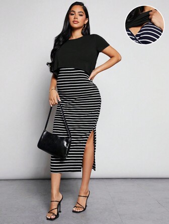 MaterniWear 孕婦夏季休閒哺乳套裝：純色短袖圓領T恤和條紋印花連衣裙