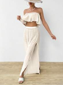 SHEIN Swim Summer Beach 2pcs Lady Casual Ruffle Edged Top And Pants Cover Up Set - Beige - View 8