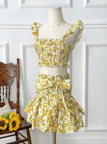 Soleia Women's Floral Print Cap Sleeve Ruffled Top With Bow & Ruffled Trim Layered Skirt 2pcs/Set - Yellow - View 6
