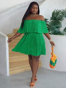 Slaydiva 大码露肩荷叶边领口宽松绿色褶皱面料连衣裙