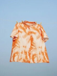 SHEIN EZwear 大碼女士夏季扎染度假短袖衫 - 橘色 - 查看 3