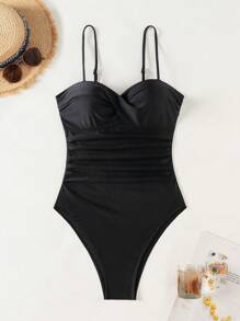 SHEIN Swim Women Solid Color Simple Design One-Piece With Underwire Push Up,Summer Beach
