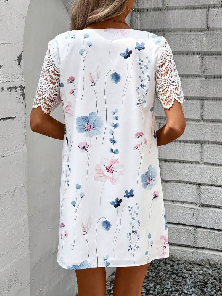 Summer Dress Women Asymmetrical Neck Lace Patchwork Dress