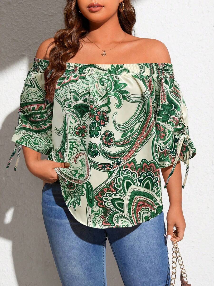 SHEIN Holidaya 大尺碼女士鬆身露肩花卉印花短袖襯衫，帶有假期風格花卉圖案 - 綠色 - 查看 1
