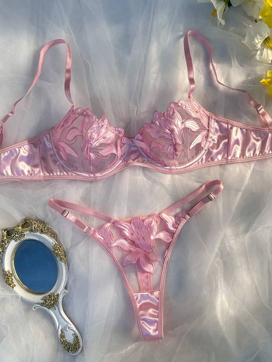 Women Floral Embroidery Mesh Sexy Lingerie Set 2 Pieces For Going Out - Pink - View 1