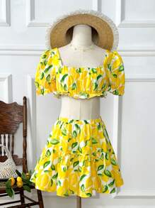 Soleia Lemon Printed Square Neck Cropped Top And Ruffle Trim Skirt - Yellow - View 1
