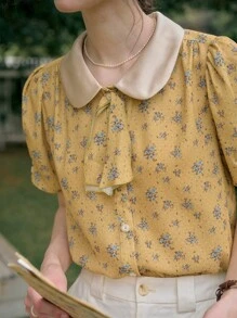 Simple Retro 女士休闲碎花荷叶边领衬衫 - 綠色 - 查看 8