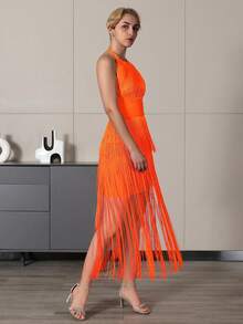 New Bright Colored Fringe Halter Bandage Bodycon Dress - Orange - View 3