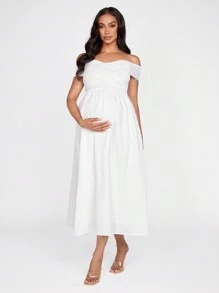 SHEIN Maternity Off-Shoulder Bandeau Bodycon Midi Dress For Island Vacation - White - View 7